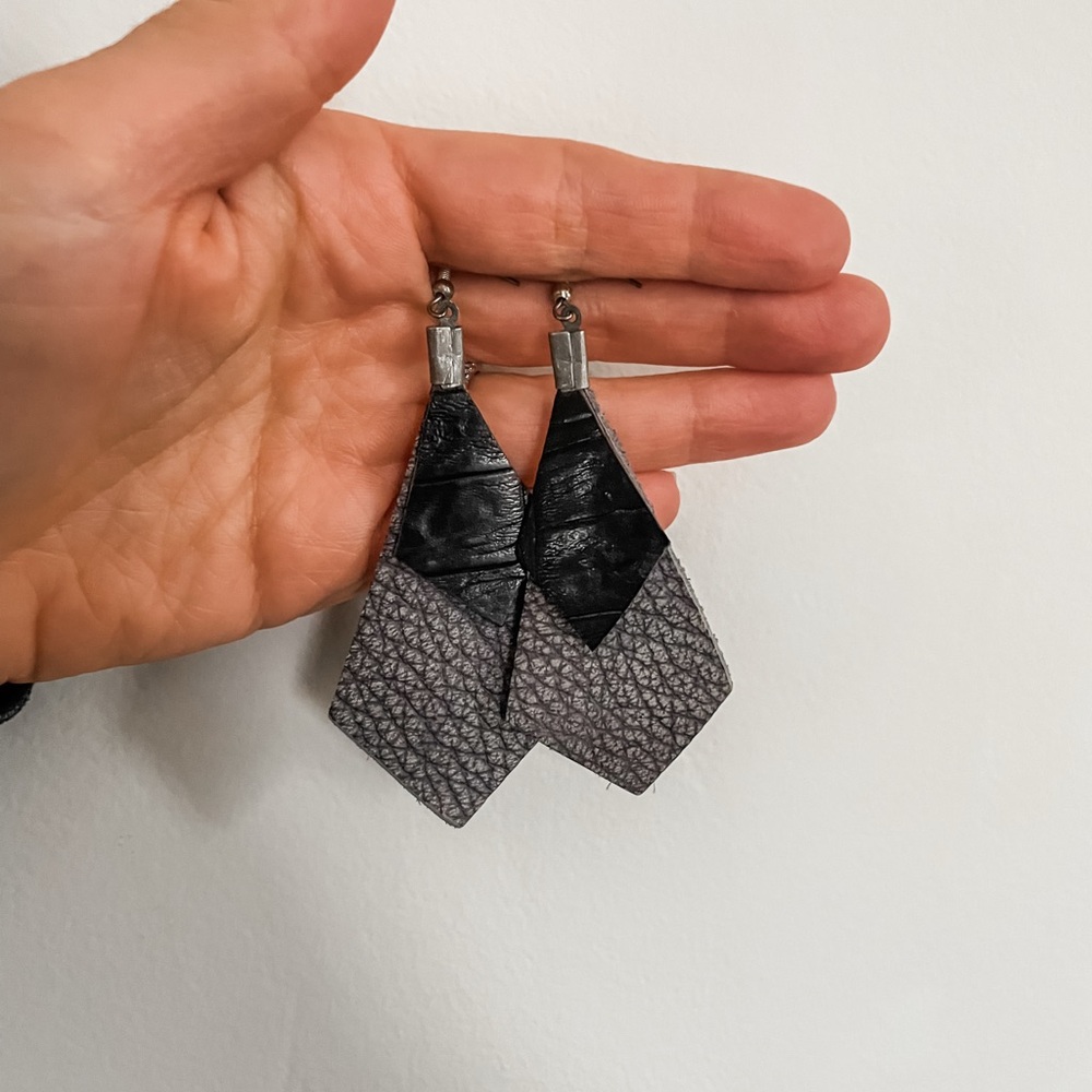 Leather Diamond Cut Earrings. Black and Grey. Handmade